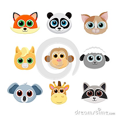 Collection of cute animal faces including fox, panda, cat, pony, monkey, giraffe, koala, sheep and raccoon. Vector Illustration