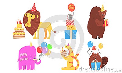 Collection of Cute Animals for Happy Birthday Design, Lion, Mouse, Bear, Elephant, Cat, Beaver Vector Illustration Vector Illustration