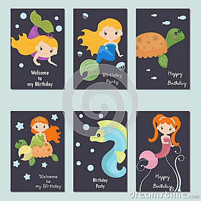 Collection of cute Birthday cards. Vector Illustration