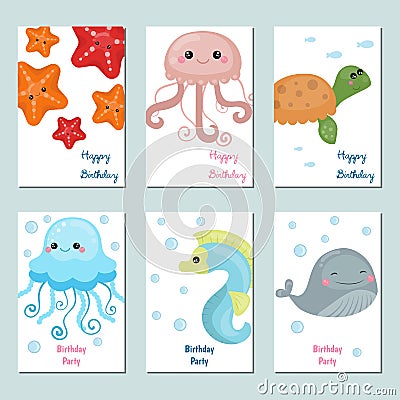 Collection of cute Birthday cards. Vector Illustration