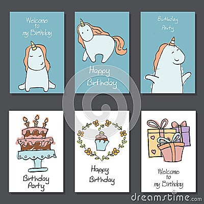 Collection of cute Birthday cards. Vector Illustration