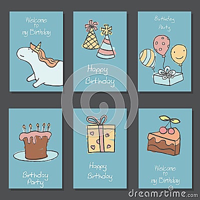 Collection of cute Birthday cards. Vector Illustration