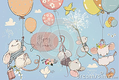 Collection with cute birthday mouses with balloons Vector Illustration