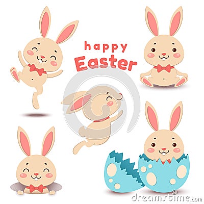 Collection of cute cartoon Easter bunnies and cracked egg. Vector illustration Stock Photo