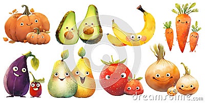 Collection of cute cartoon fruits and vegatables with funny smiling faces. Isolated watercolor illustration. Generative AI Cartoon Illustration