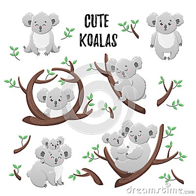 Collection of cute cartoon koalas. Set of vector stickers. Doodle icons. Template for design, print, textile. Vector Illustration