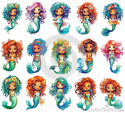 Collection of cute cartoon mermaids isolated on white background. Watercolor illustration. Generative AI Cartoon Illustration