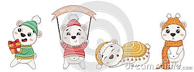 Collection of cute cartoon new year polar bears in winter clothes with christmas gifts Vector Illustration