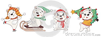 Collection of cute cartoon new year polar bears in winter clothes with christmas tree, skating, sledding, catching snowflakes Vector Illustration