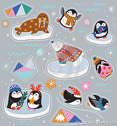 Collection of cute cartoon stickers with winter animals wearing in sweaters, hats and scarves Vector Illustration