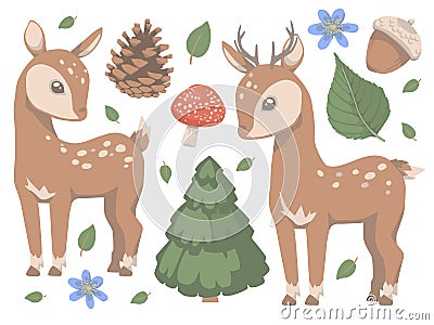 Collection of cute cartoon style forest animal deer with mushroom, pine tree, flowers and leaves vector illustration Cartoon Illustration