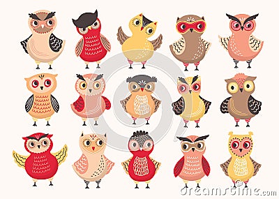 Collection of cute colorful owls decorated with different ornaments. Set of funny cartoon forest birds standing in Vector Illustration