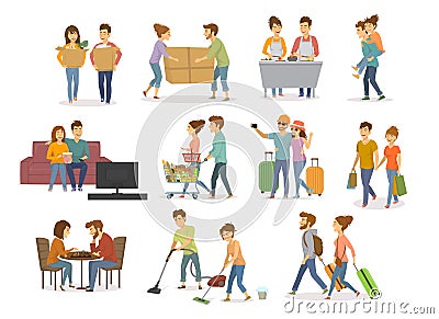 Collection of cute couples activities, man and woman shopping in mall, supermarket, moving in a new home, cleaning, watching tv on Vector Illustration