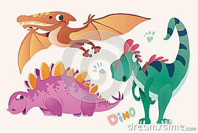 Collection of cute dino and Pterodactylus. Set 1 of colorful dinosaurios and Pterodactyl. Vector illustration Vector Illustration