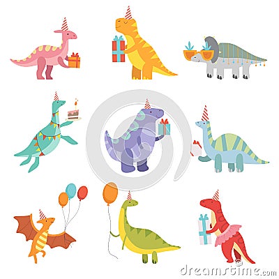 Collection of Cute Dinosaurs in Party Hats with Gift Boxes, Funny Blue Dino Characters, Happy Birthday Party Design Vector Illustration