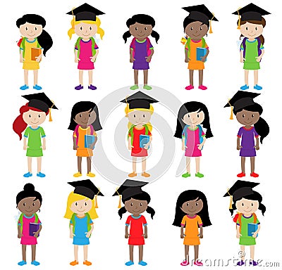 Collection of Cute and Diverse Vector Format Female Students or Graduates Vector Illustration