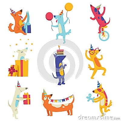 Collection of cute dogs in party hats, funny cartoon animal characters having fun at birthday party vector Illustration Vector Illustration