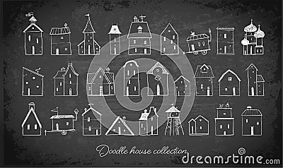 Collection of cute doodle sketch houses on blackboard background. Vector Illustration