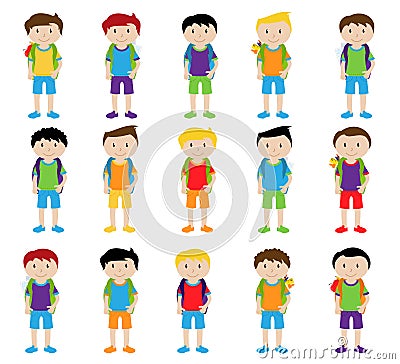 Collection of Cute and Ethnically Diverse Male Students and Children Vector Illustration