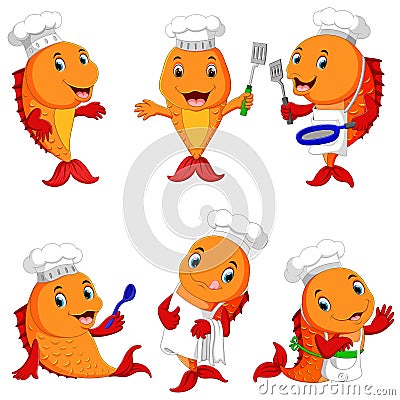 Collection of cute fish chef cartoon Vector Illustration