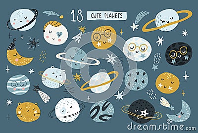 Collection of Cute Funny Baby Planets. Funny baby planets in flat vector illustration. Lovely celestial bodies with Cartoon Illustration