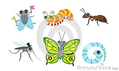 Collection of Cute Funny Cartoon Insects Set, Fly, Ant, Mosquito, Butterfly, Caterpillar, Worm Vector Illustration Vector Illustration