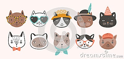 Collection of cute funny cat faces or heads wearing glasses, sunglasses and hats. Bundle of various cartoon animal Vector Illustration