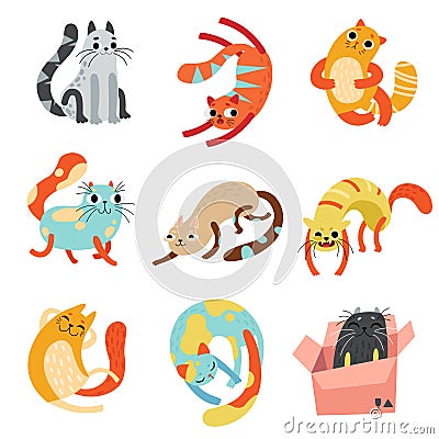 Collection of Cute Funny Cats in Different Poses Vector Illustration Vector Illustration