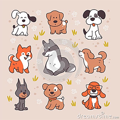 Collection of cute funny dog characters different breeds walking isolated on white background. Vector Illustration