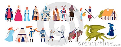 Collection of cute funny male and female characters and items and monsters from medieval fairytale or legend isolated on Vector Illustration