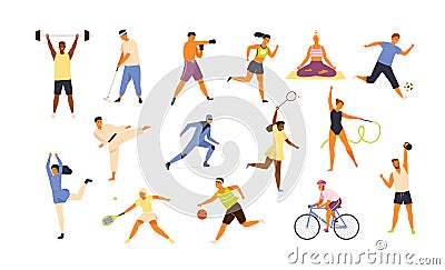 Collection of cute funny men and women performing various sports activities. Bundle of happy training or exercising Vector Illustration