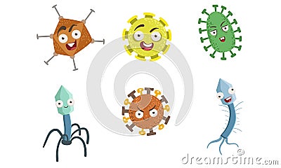 Collection of Cute Funny Microbes, Colorful Bacterias and Pathogens Characters With Various Emotions Vector Illustration Vector Illustration