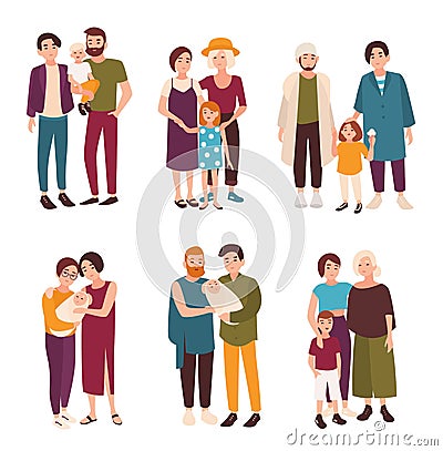 Collection of cute gay and lesbian couples standing together with their children. Happy homosexual families with kids Vector Illustration