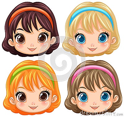 Collection of Cute Girl Faces Vector Illustration