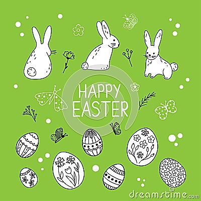 Collection of cute hand drawn stickers for Easter - adorable bunnies, easter eggs Vector Illustration