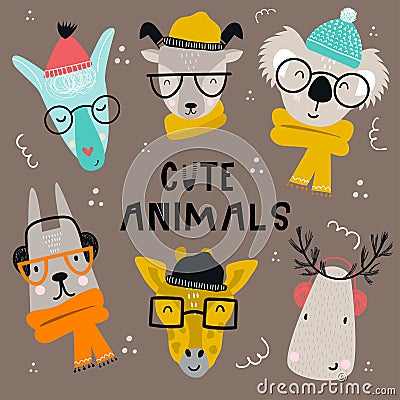 Collection of cute kids cartoon animals with clothes, accessories and lettering in scandinavian style. Stock Photo