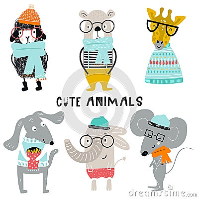 Collection of cute kids cartoon animals with clothes and accessories. Set of wild characters in scandinavian style. Cartoon Illustration