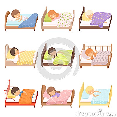 Collection of Cute Little Boys and Girls Sleeping Sweetly in their Beds under Blankets Vector Illustration Vector Illustration