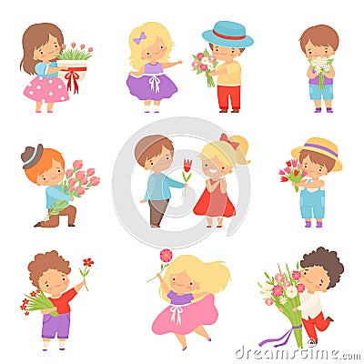 Collection of Cute Little Boys Giving Flowers to Lovely Girls Cartoon Vector Illustration Vector Illustration