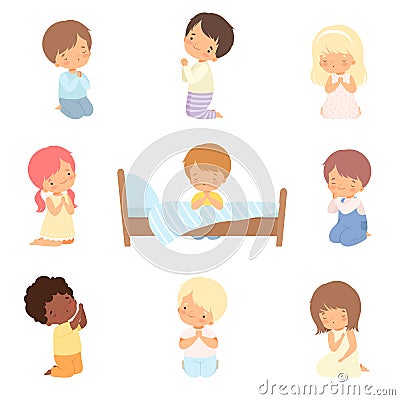 Collection of Cute Little Children Characters Kneeling and Praying Cartoon Vector Illustration Vector Illustration