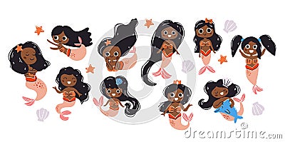 Collection of cute little dark skin mermaids Vector Illustration