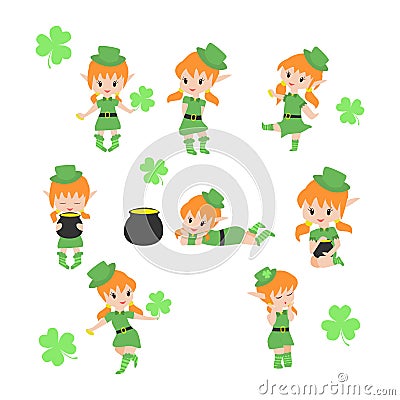 Collection cute little elfs. Design for Patrick day. Vector Illustration