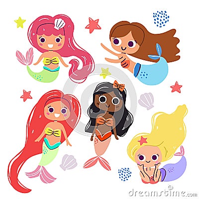 Collection of cute little mermaids, seashells Vector Illustration