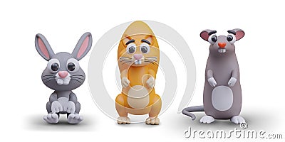 Collection with cute little rabbit, squirrel, and rat. Small rodents ready to play Vector Illustration