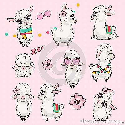 Collection Cute Llama Alpaca Vicuna Set Kawaii. Vector Illustration