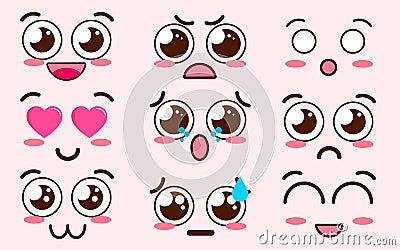 Collection of cute lovely kawaii emoticon emoji Doodle cartoon face , smile , happy , wink , excited , sleepy , chill Vector Illustration