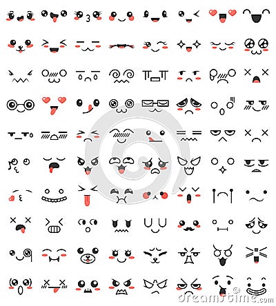 Collection of cute lovely kawaii eyes and mouths. Doodle cartoon faces in manga style. Cute emoticon emoji characters Vector Illustration