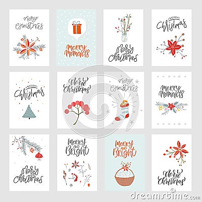 Collection cute Merry Christmas gift cards and set of elements Vector Illustration