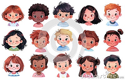 Collection of cute multiethnic kids faces. Set of happy cartoon little children avatars. Funny boys and girls stickers Stock Photo