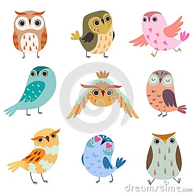 Collection of Cute Owlets, Colorful Adorable Owl Birds Vector Illustration on White Background Vector Illustration